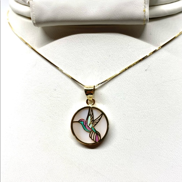 10K Gold Mother Pearl Hummingbird Box Necklace - Picture 4 of 11